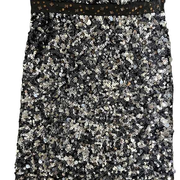 New Free People Gunmetal Black & Grey Sequins & Leather Strapless Mini Dress - Picture 11 of 15